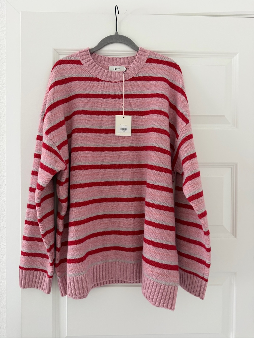 SET Active Pink and Red Striped Crewneck Sweater